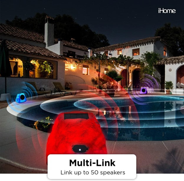 iHome IHRK-500LTMS-PR Solar Powered, Rechargeable, Battery Powered, Wireless, Weatherproof, Pool & Garden Outdoor Glow LED Light Show Night Day Rock Speaker with Multi Link Surround Sound